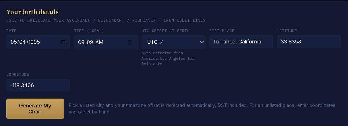 Birth details form with automatic timezone detection