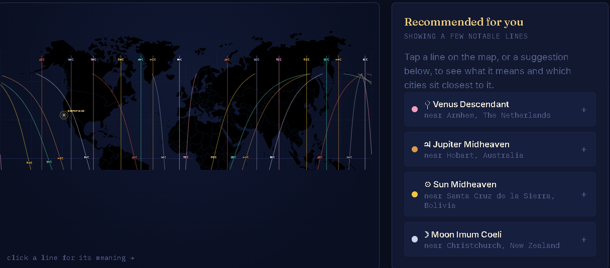 Recommended planetary lines panel with nearby cities