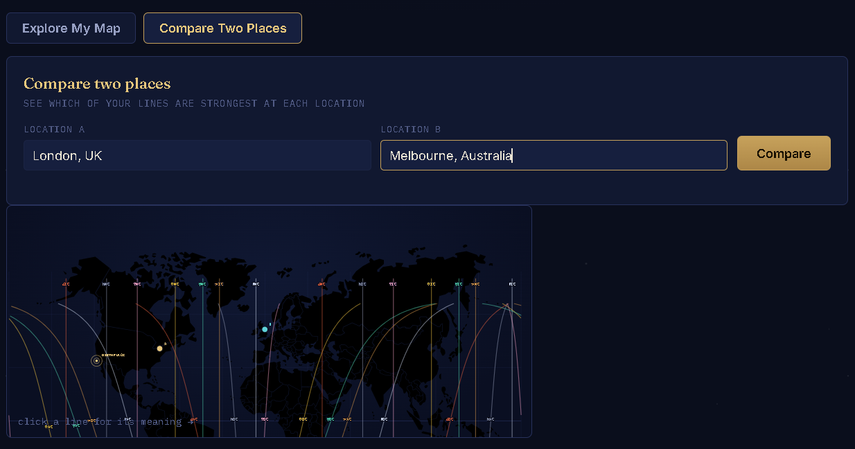 Compare Two Places tool showing planetary lines for two cities