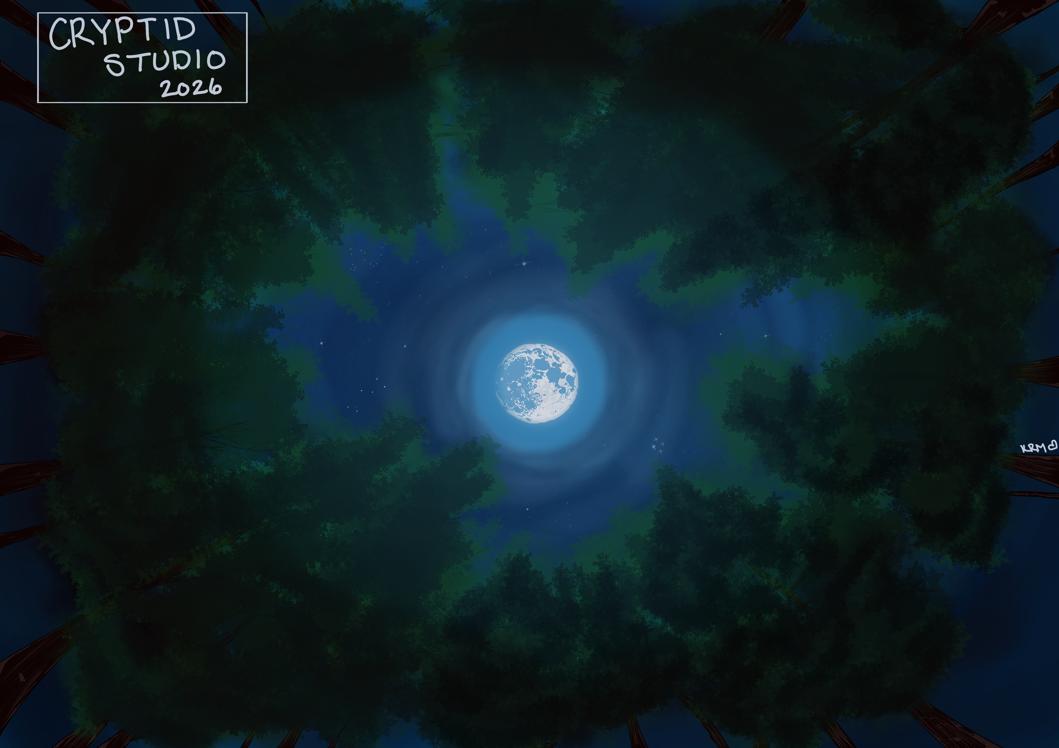 Hand-painted moonlit forest canopy with a glowing circular clearing, used as the site's hero backdrop