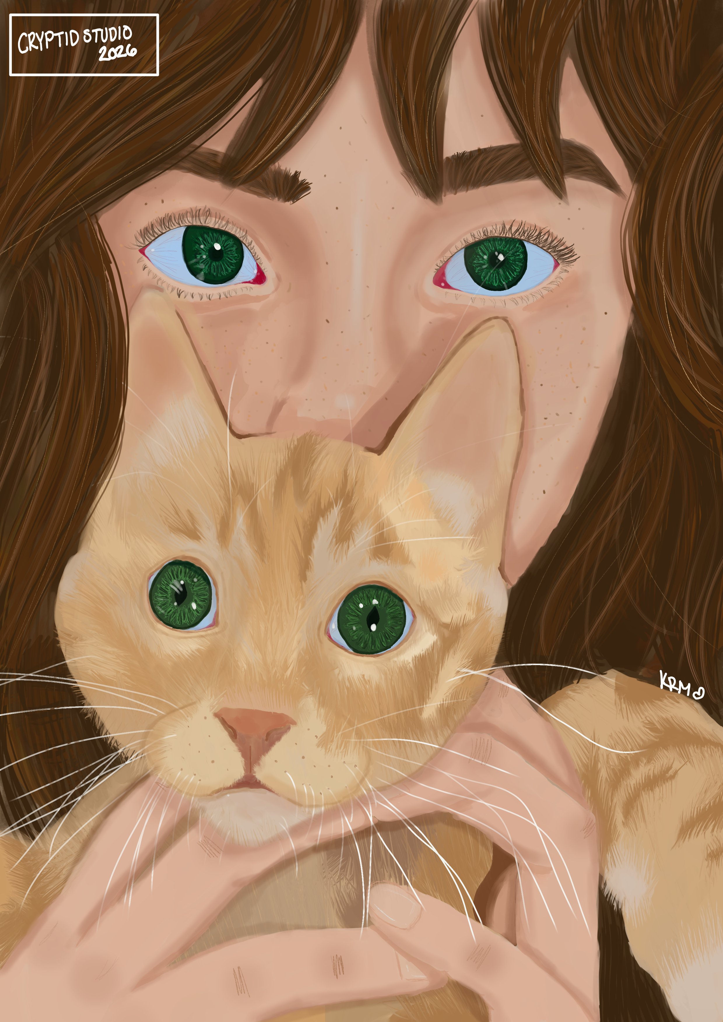 Digital painting close-up of a person holding a green-eyed orange tabby cat