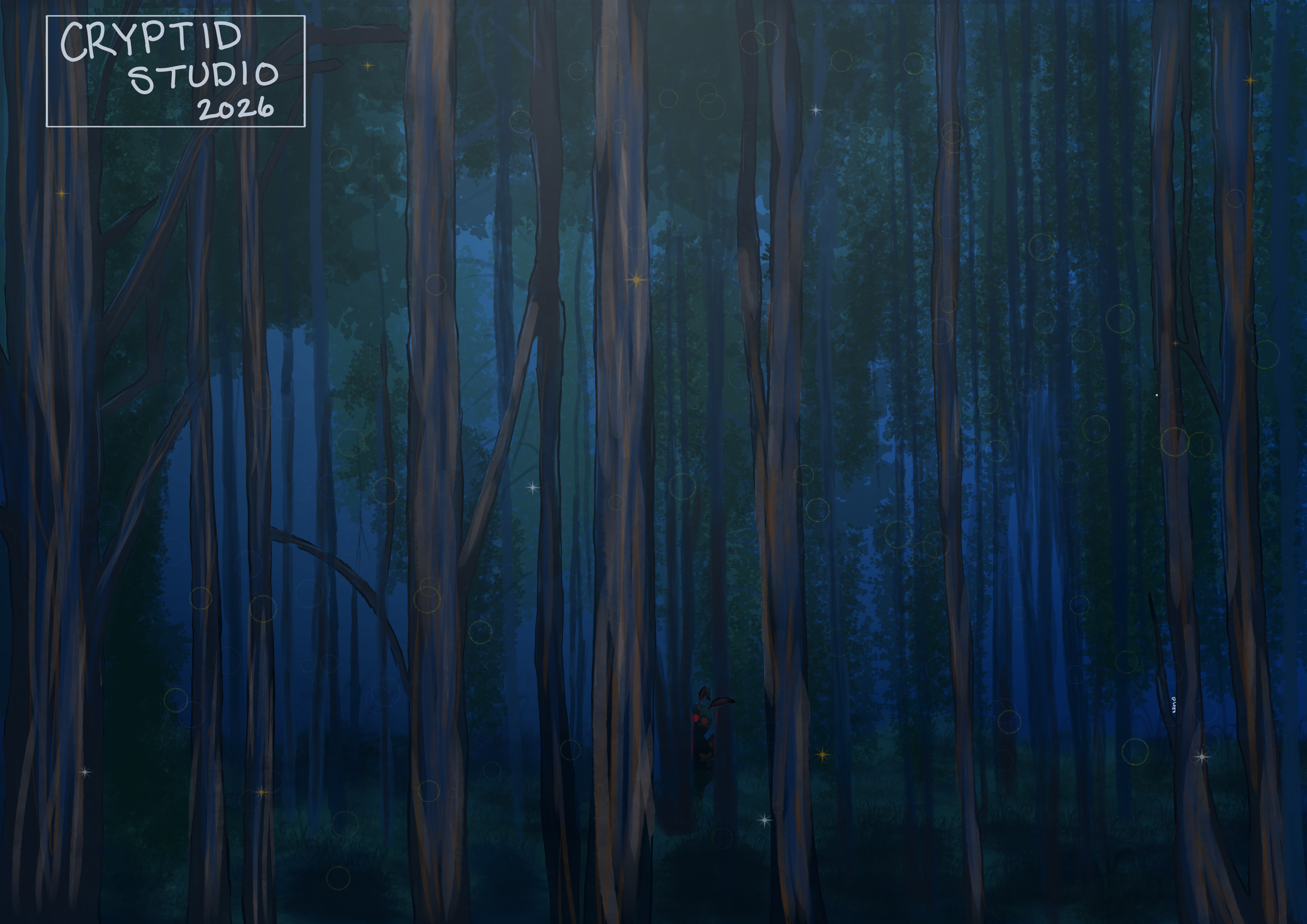 Hand-painted view up through tall moonlit forest trunks, part of the site's forest imagery
