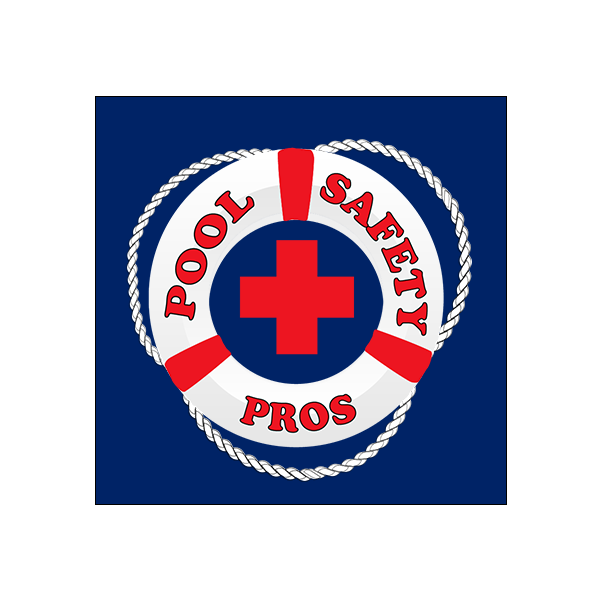 Pool Safety Pros logo — a red-and-white life ring with a red cross and rope border on a navy background