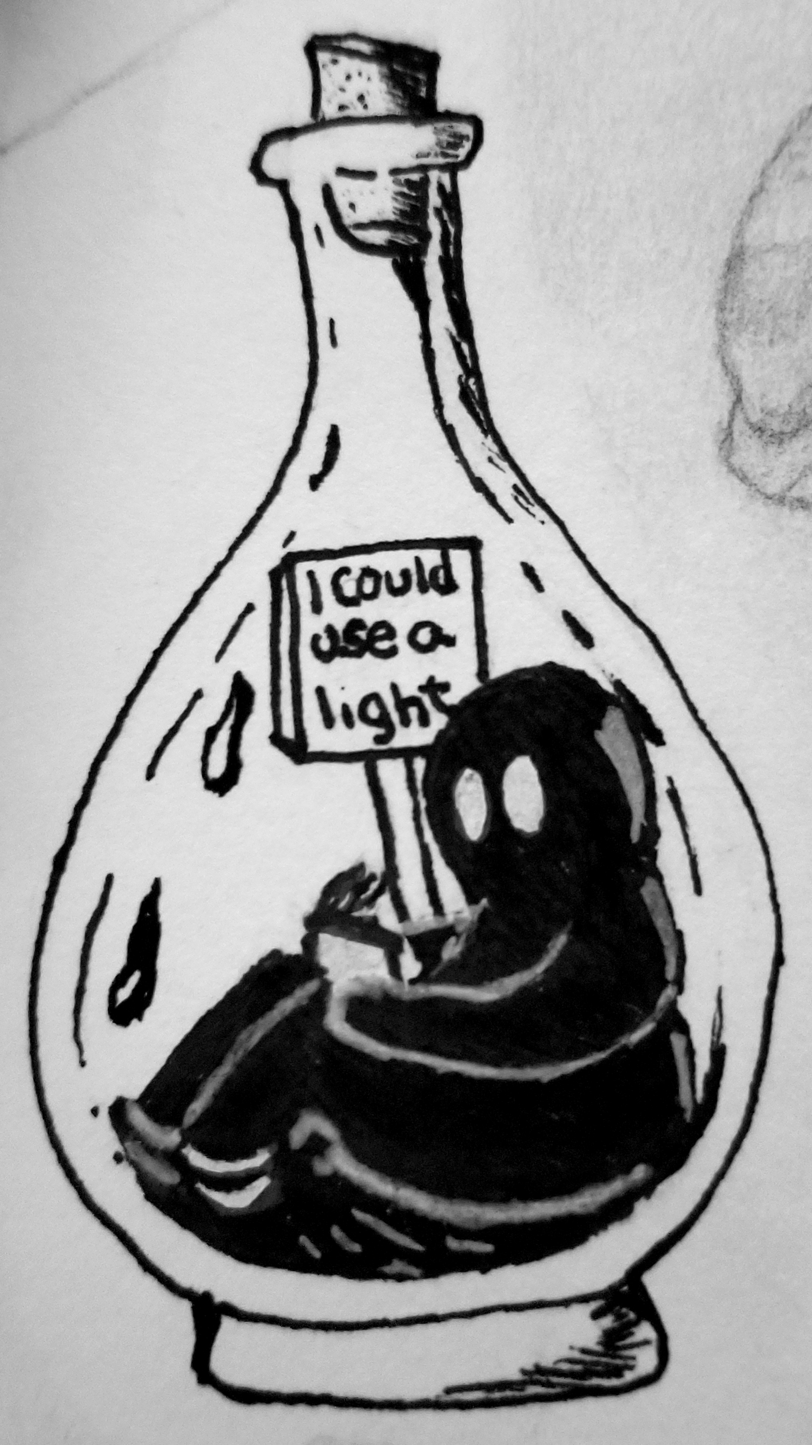 Ink illustration of a hooded shadow figure holding a sign reading 'I could use a light'