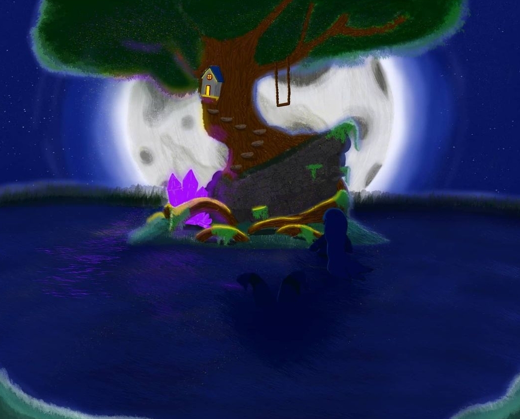 Digital painting of a glowing full moon over a small moonlit island with a lantern-lit treehouse and a cluster of purple crystals