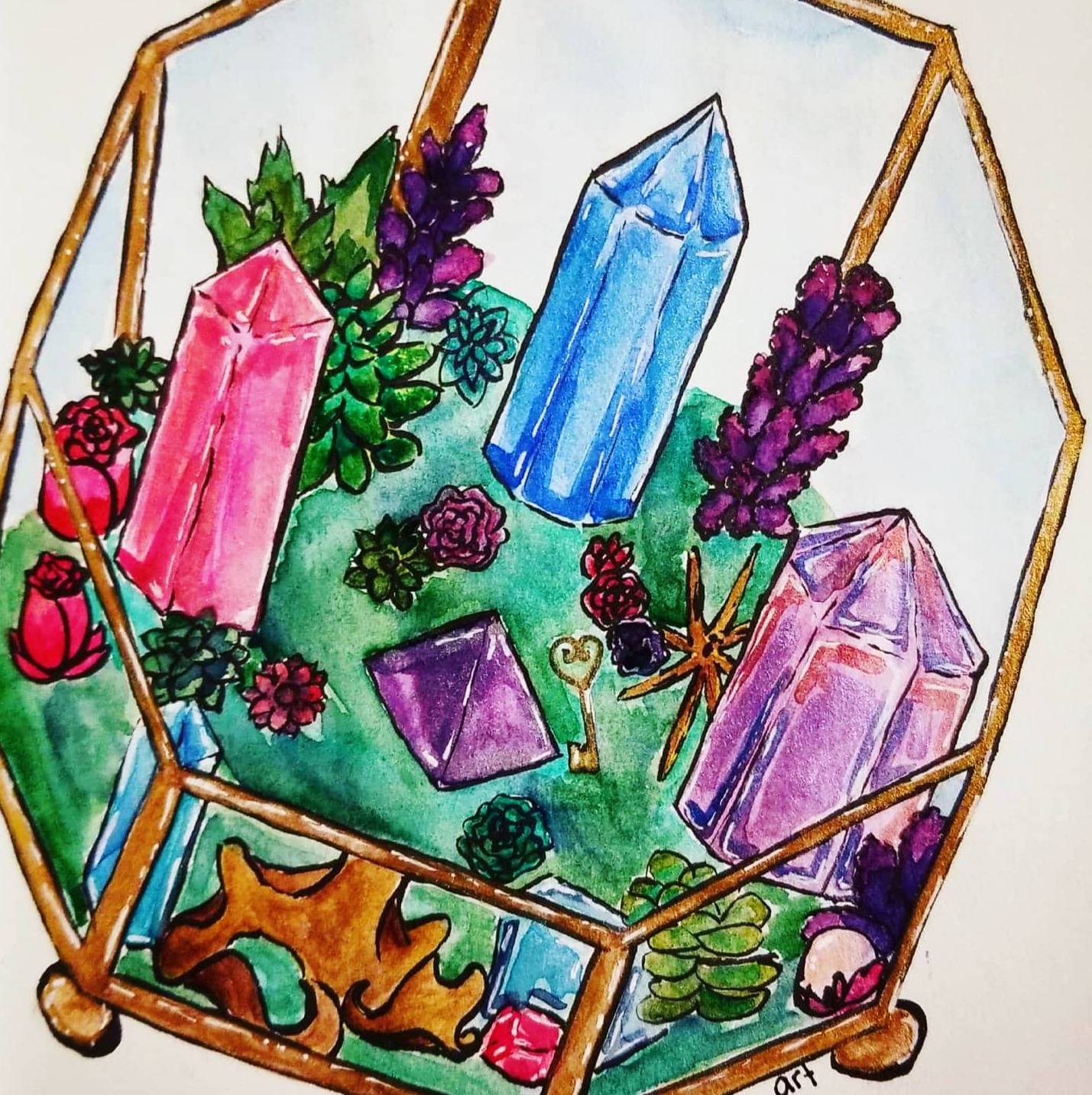Watercolor and gouache illustration of gemstone crystals and flowers arranged inside a gold geometric frame