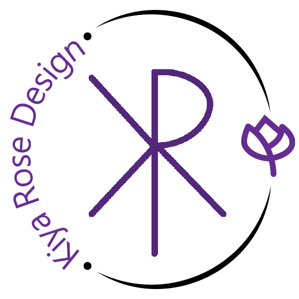 Kiya Rose Design monogram — an overlapping K and R inside a circular arc, with a small lotus mark and lettering along the curve